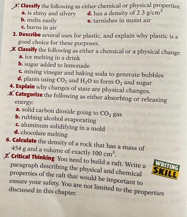 Solved 1. Classify the following as either chemical or | Chegg.com