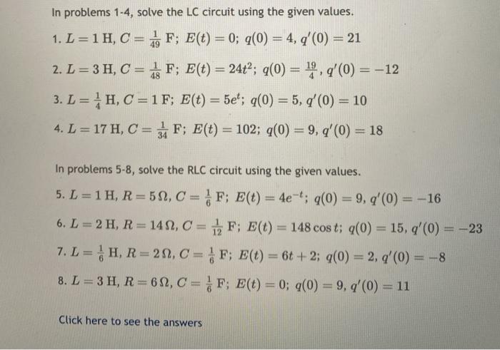 Solved In Problems 1 4 Solve The Lc Circuit Using The Given Chegg Com