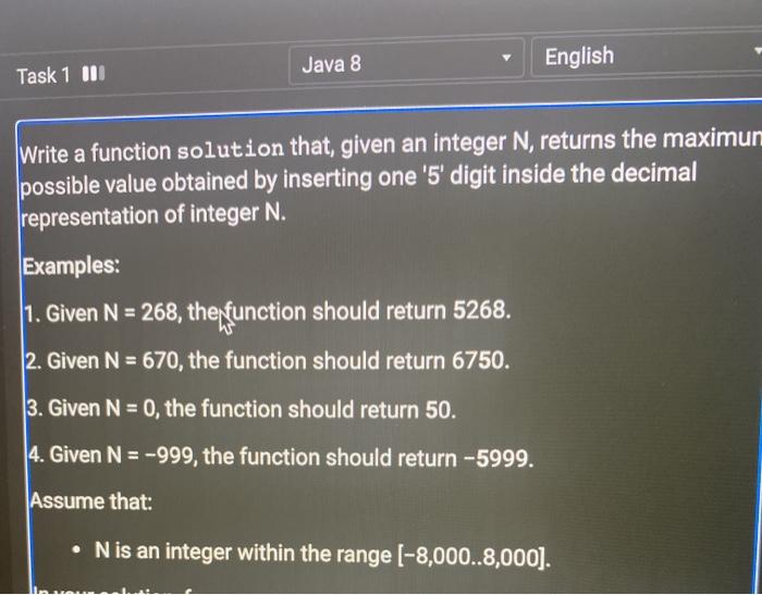 Solved Java 8 English Task 1 III Write a function solution | Chegg.com