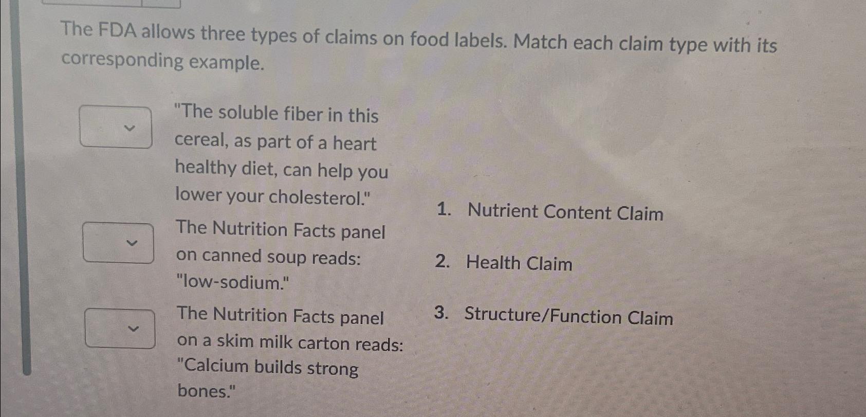 Solved The FDA allows three types of claims on food labels. | Chegg.com