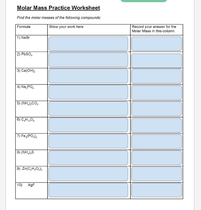 Solved Molar Mass Practice Worksheet Find the molar masses | Chegg.com