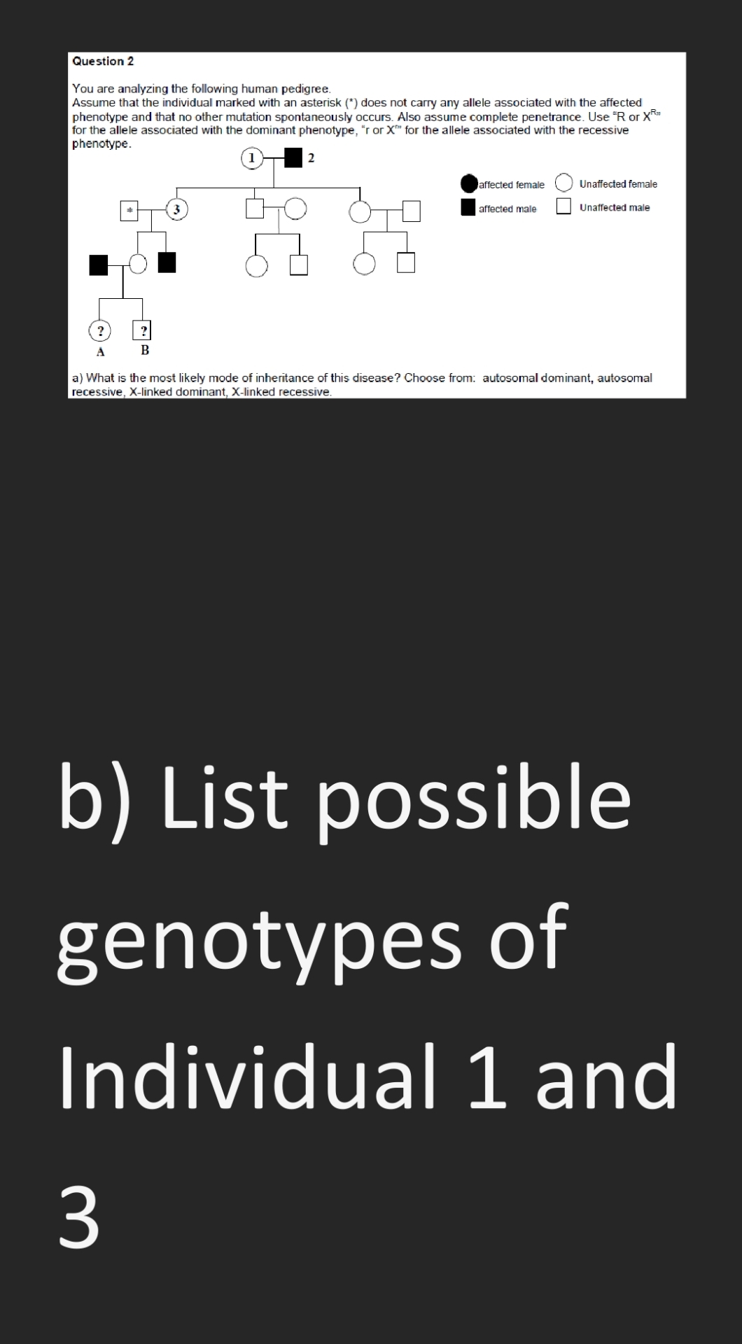 Solved b) ﻿List possible genotypes of Individual 1 ﻿and 3 | Chegg.com