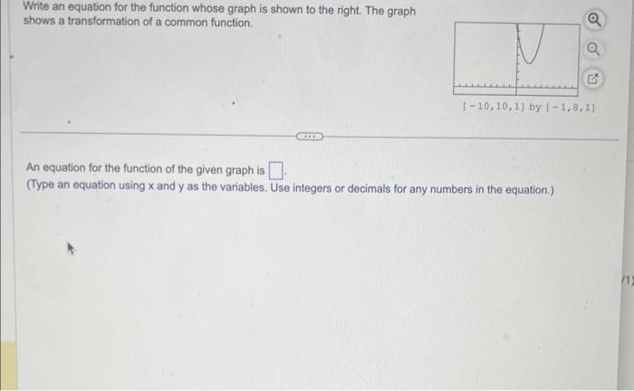 Write an equation for the function whose graph is shown to the right. The graph shows a transformation of a common function.
