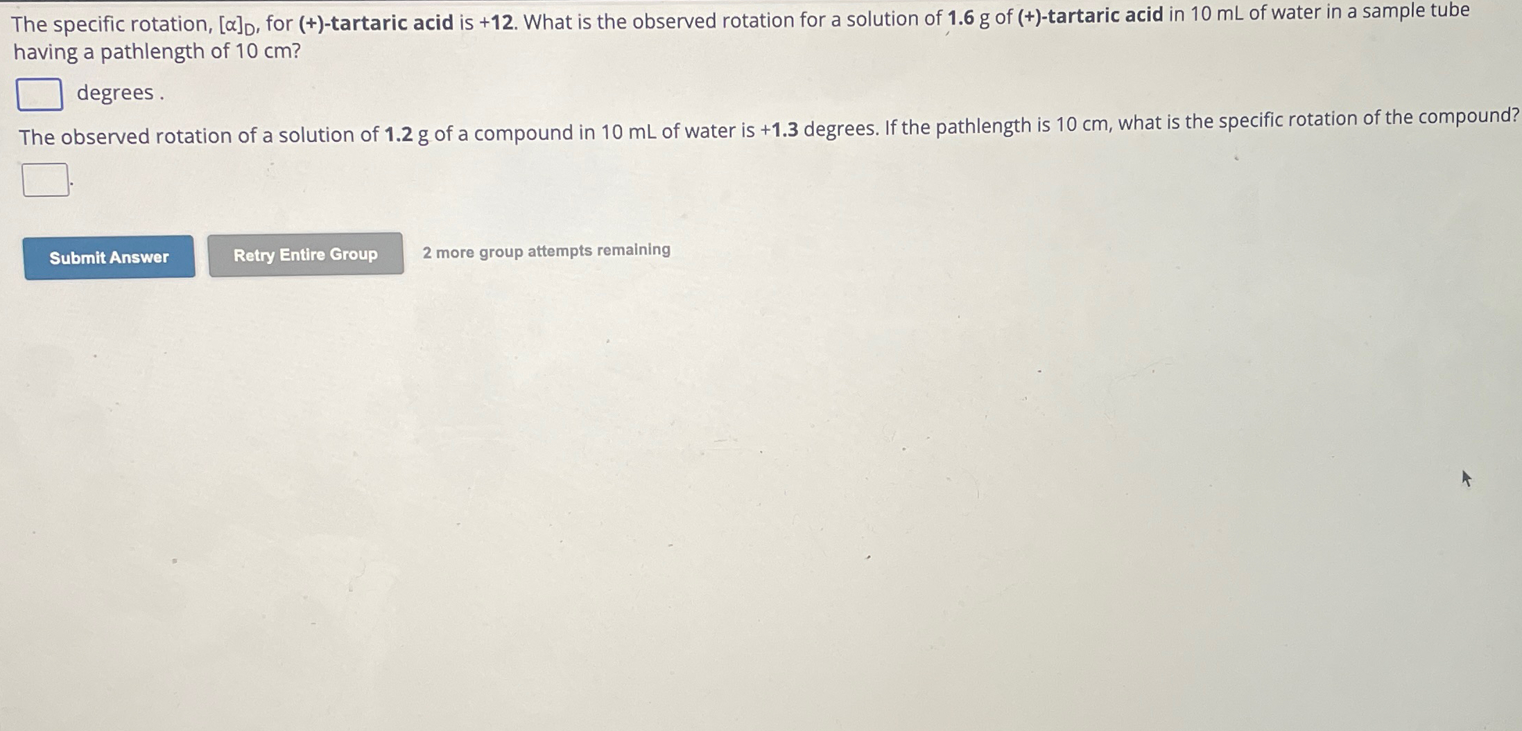 Solved The specific rotation, [α]D, ﻿for (+)-tartaric acid | Chegg.com