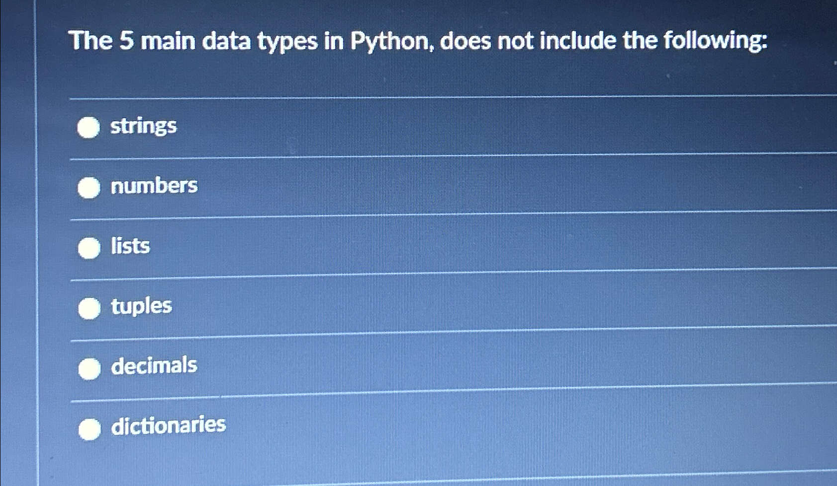 Solved The 5 ﻿main data types in Python, does not include | Chegg.com