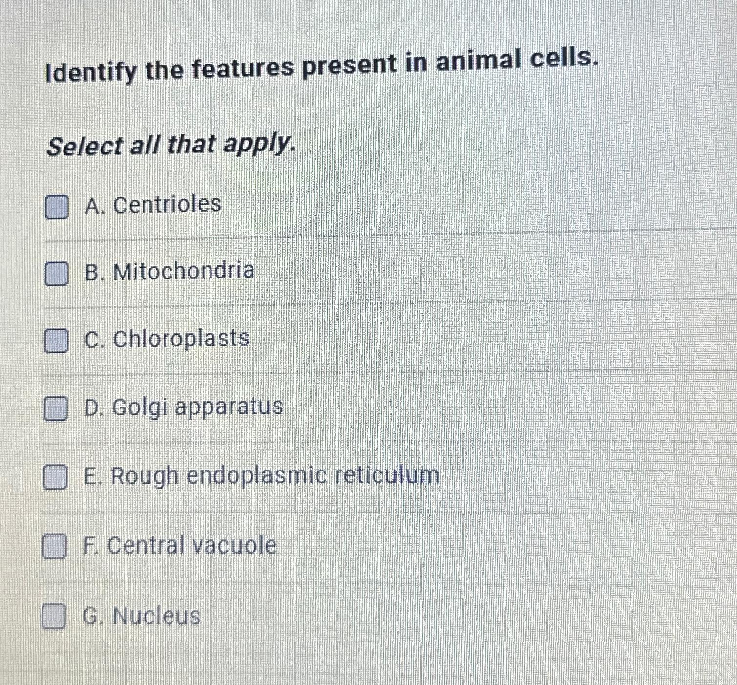 Solved Identify The Features Present In Animal Cells.select 