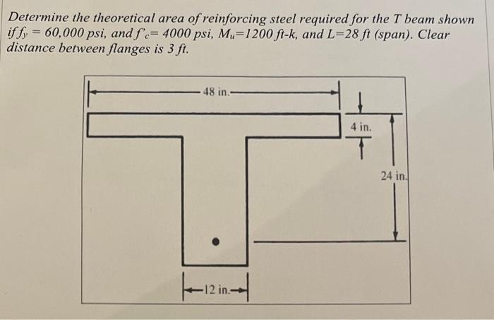 Determine the theoretical area of reinforcing steel required for the \( T \) beam shown if \( f_{y}=60,000 \mathrm{psi} \), a