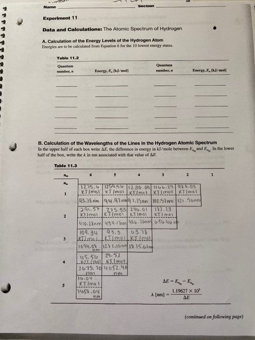 Name Section Experiment 11 Data And Calculations The Chegg 