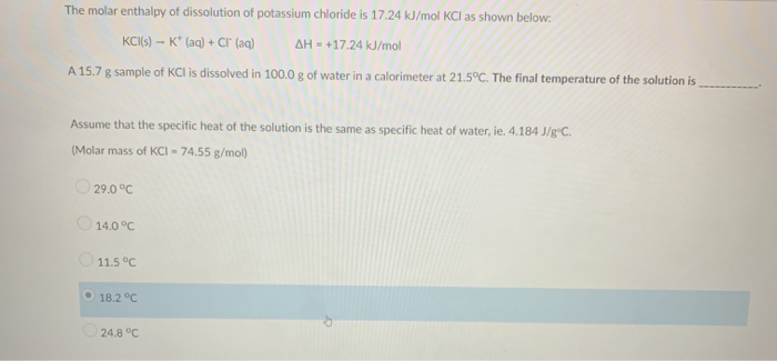 Solved The molar enthalpy of dissolution of potassium | Chegg.com