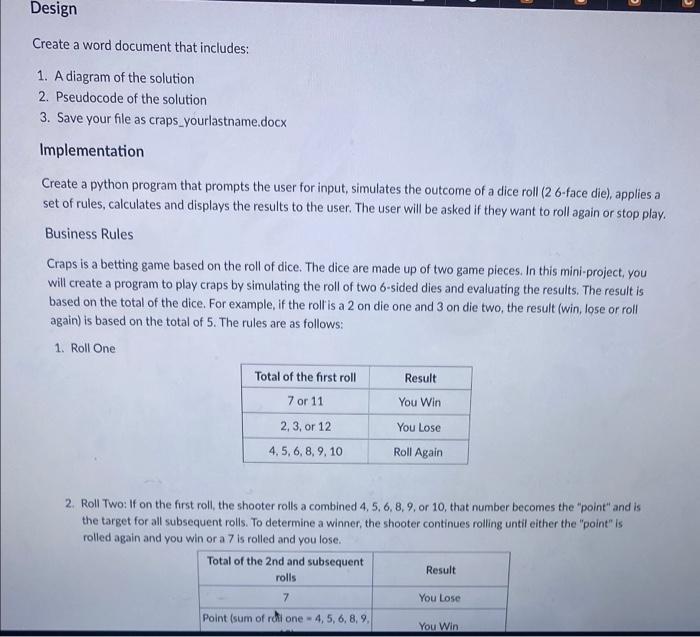 Solved Design Create a word document that includes: 1. A | Chegg.com