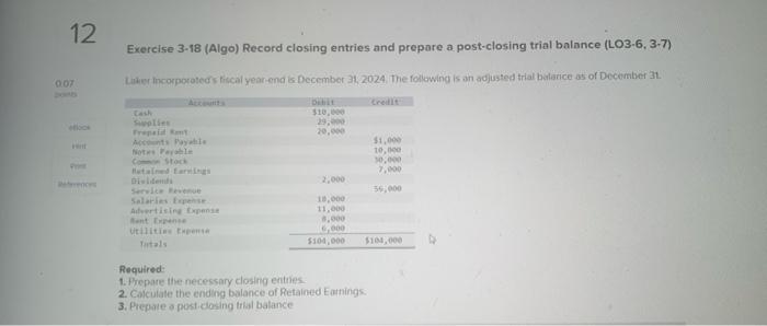 12 Exercise 3-18 (Algo) Record closing entries and | Chegg.com | Chegg.com