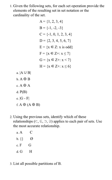 Solved 1. Given The Following Sets, For Each Set Operation | Chegg.com