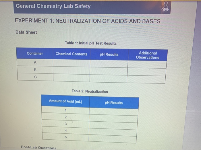 General Chemistry Lab Safety E Experiment 1 Chegg 