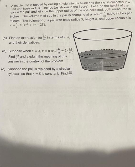 9. A maple tree is tapped by drilling a hole into the trunk and the sap is collected in a pail with base radius 5 inches (as