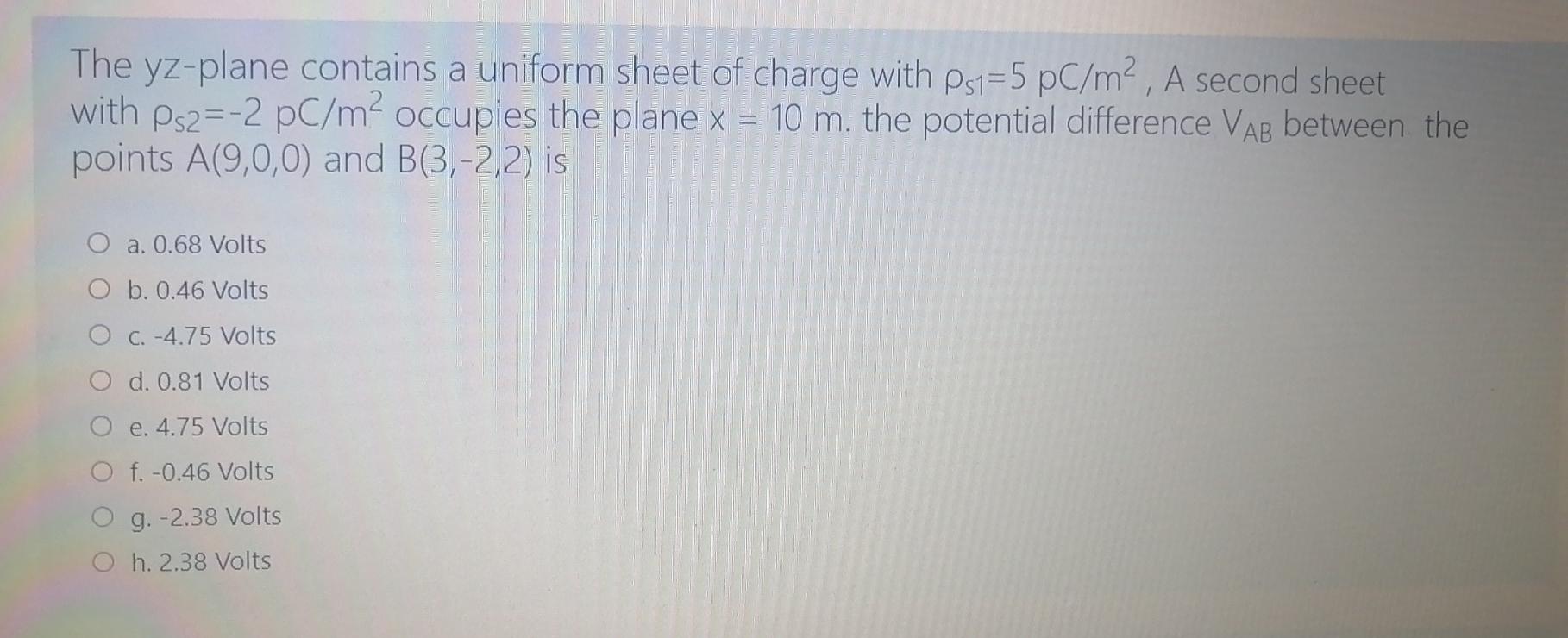 Solved The yz-plane contains a uniform sheet of charge with | Chegg.com