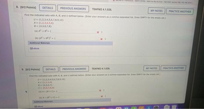 Solved Find The Indicated Sets With A,B, And U Defined | Chegg.com