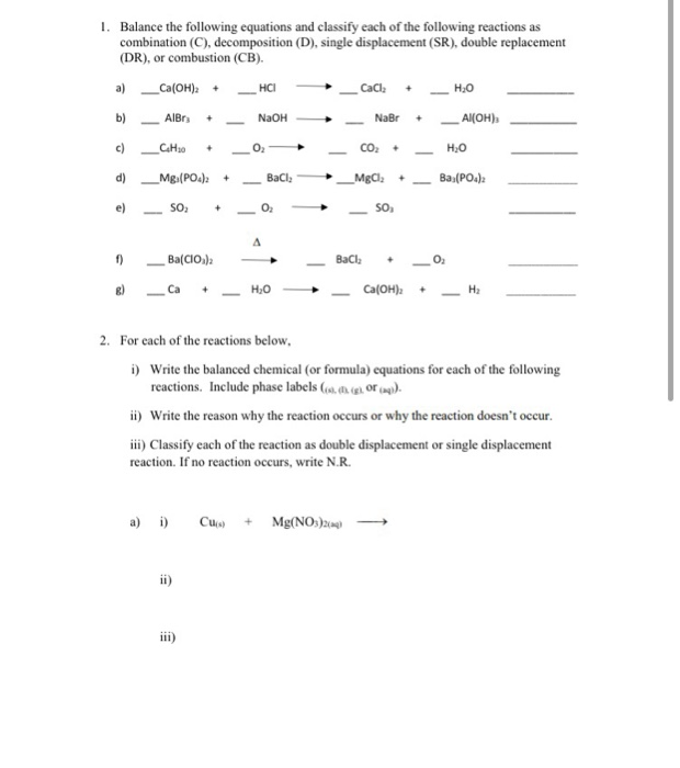 Solved 1. Balance the following equations and classify each | Chegg.com