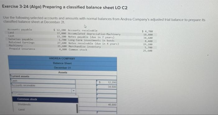 Solved Exercise 3-24 (Algo) Preparing A Classified Balance | Chegg.com