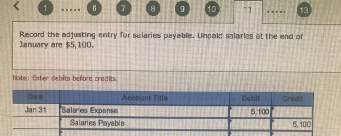 10 1 7 8 11 13 record the adjusting entry for salaries payable. unpaid salaries at the end of january are $5,100. note: enter