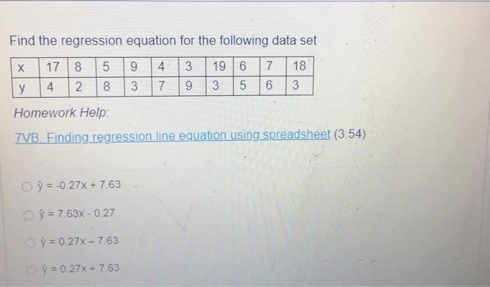 Solved Find the regression equation for the following data | Chegg.com