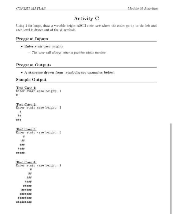 Solved COP2271 MATLAB Modulo 05 Activities Activity C Using