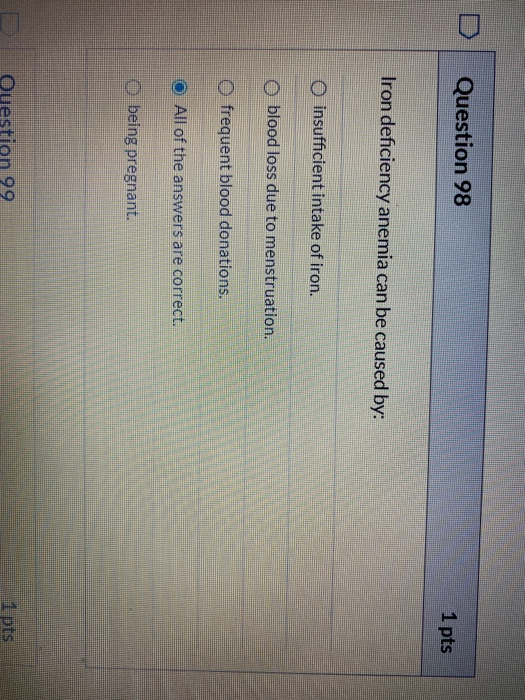 Solved Question 98 1 pts Iron deficiency anemia can be | Chegg.com