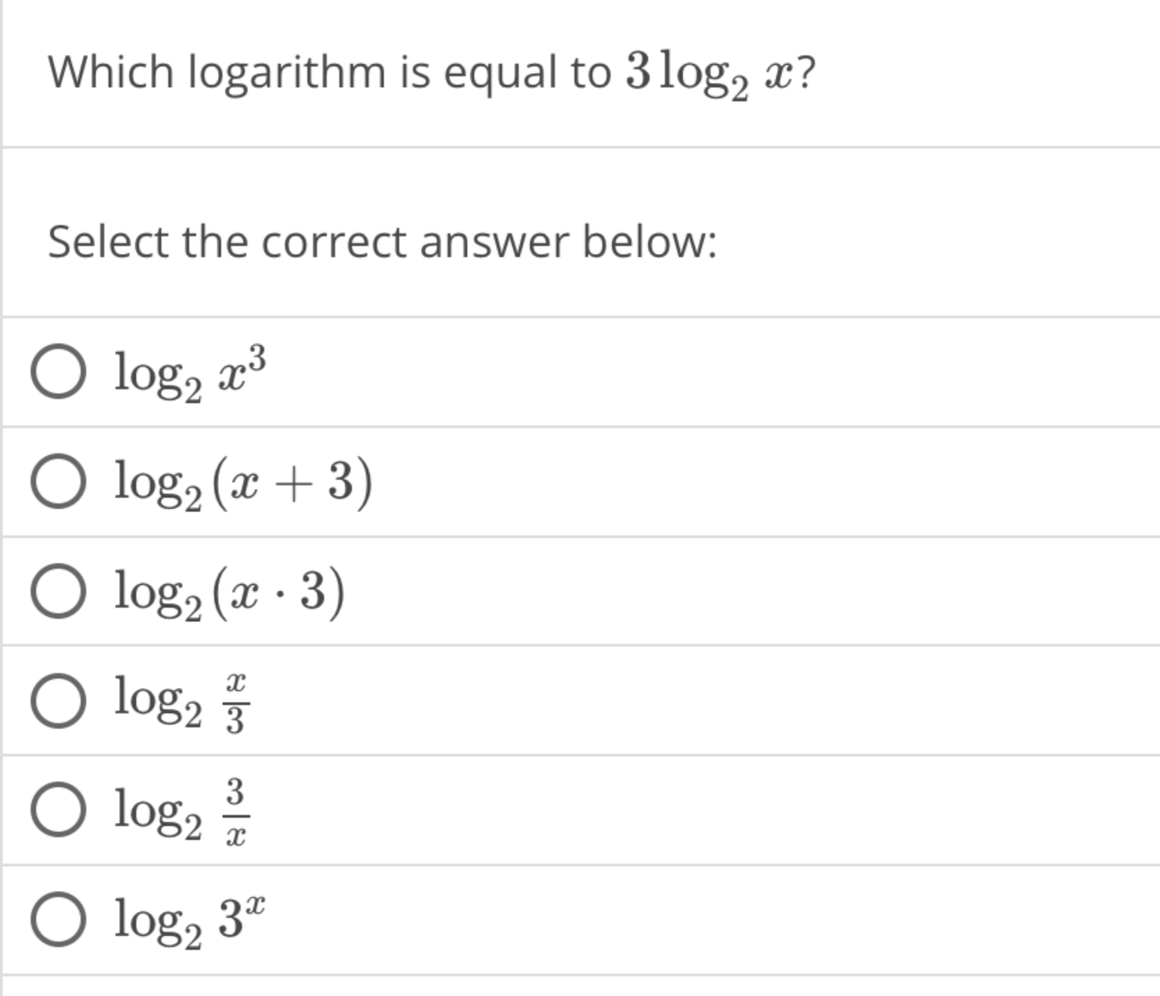 Solved Which logarithm is equal to 3log2x ?Select the