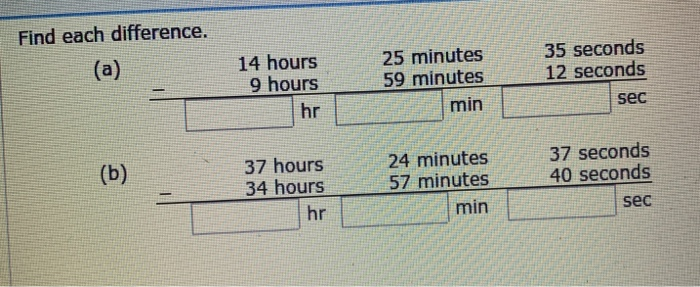 Solved Find each difference. (a) 25 minutes 59 minutes min | Chegg.com
