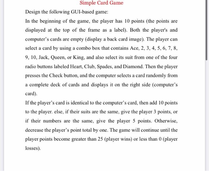 Solved Simple Card Game Design the following GUI-based game: | Chegg.com