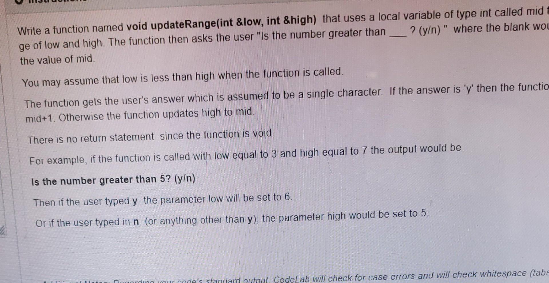 Solved Write a function named void updateRange(int \&low, | Chegg.com