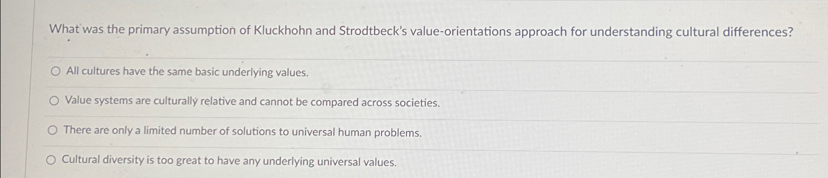 Solved What was the primary assumption of Kluckhohn and | Chegg.com