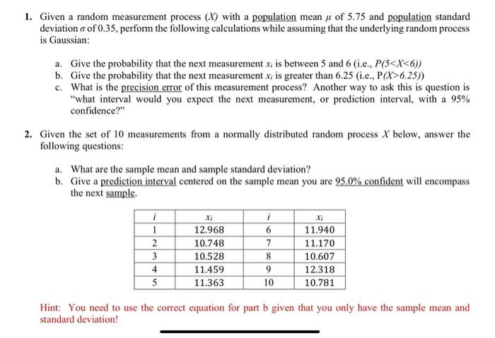 Solved 1. Given a random measurement process (X) with a | Chegg.com