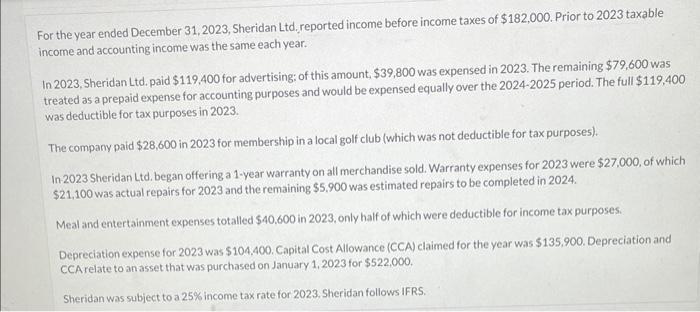 Solved For the year ended December 31,2023, Sheridan Ltd. | Chegg.com