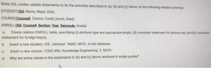 Solved Write SQL create, update statements to do the | Chegg.com