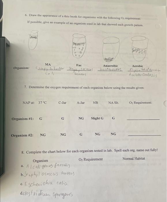 6. Draw the appearance of a thio broth for organisms with the following O? requirement:
If possible, give an example of an or