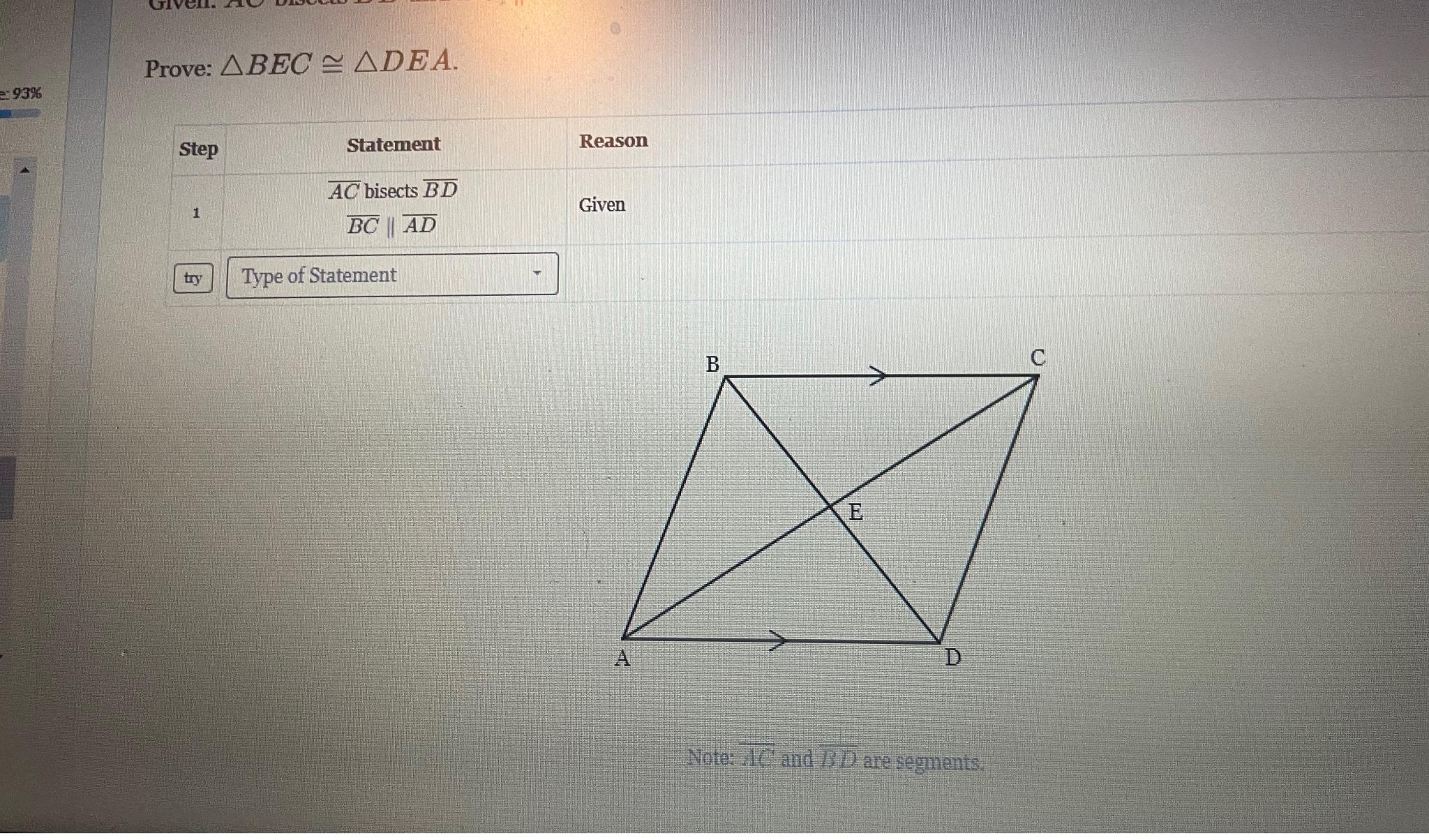 Solved Segment AC bisects segment BD and segments BC and AD | Chegg.com