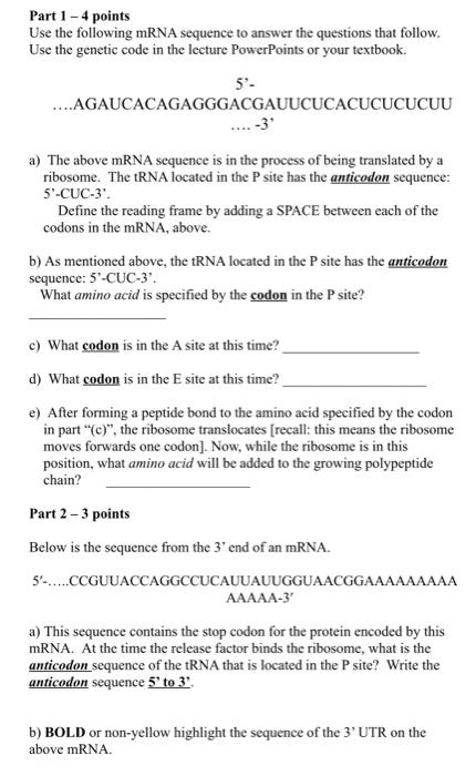 Solved Part 1 - 4 points Use the following mRNA sequence to | Chegg.com
