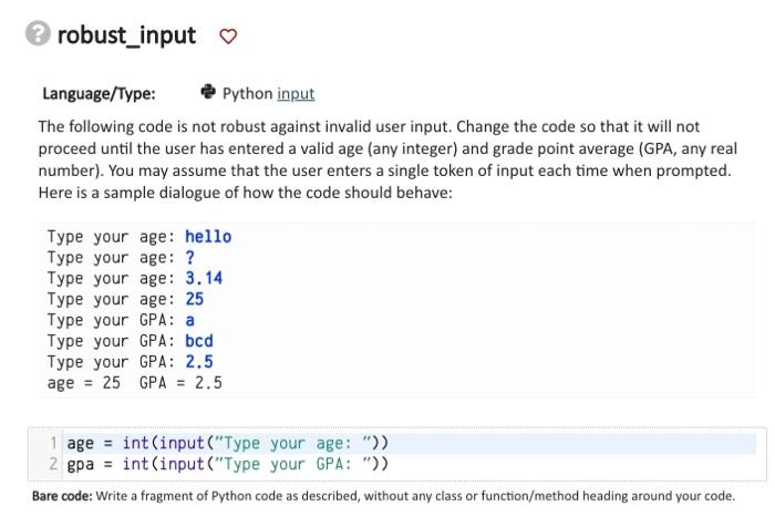 Solved robust_input o Language/Type: Python input The | Chegg.com