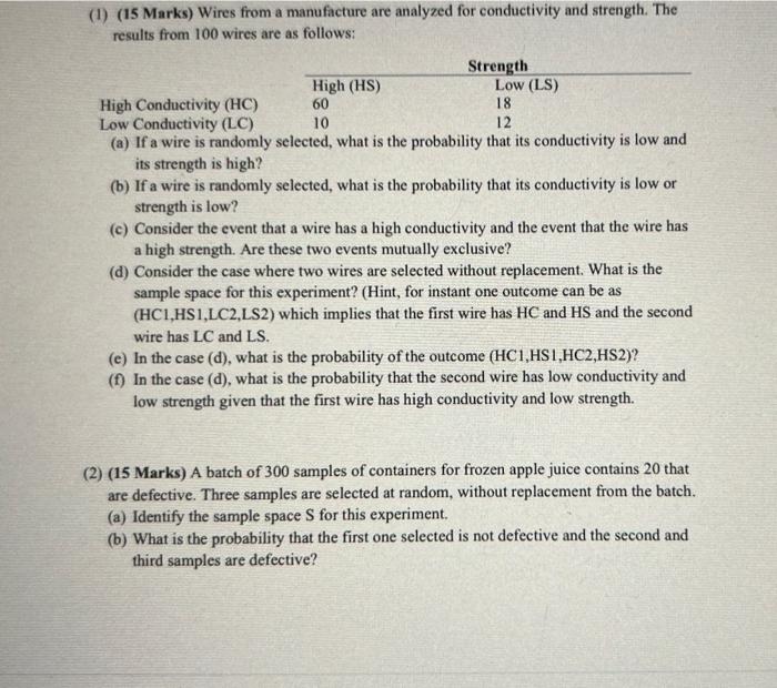 Solved (1) (15 Marks) Wires from a manufacture are analyzed | Chegg.com