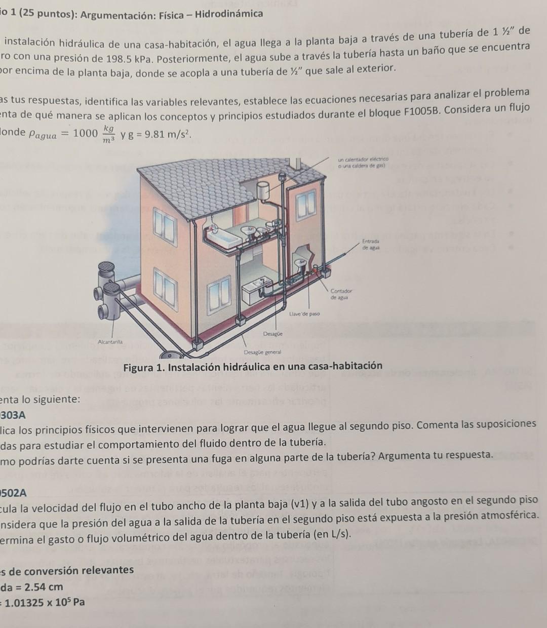 o 1 (25 puntos): Argumentación: Física - Hidrodinámica instalación hidráulica de una casa-habitación, el agua llega a la plan