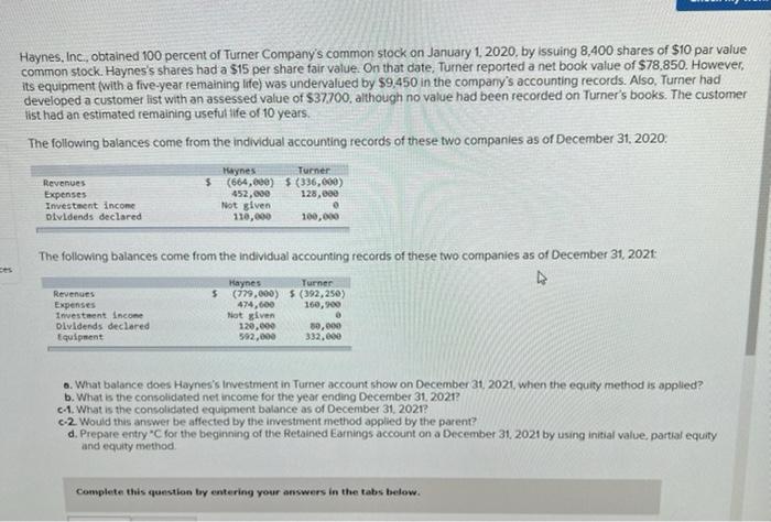 Haynes, Inc, obtained 100 percent of Turner Companys common stock on January 1, 2020, by issuing 8,400 shares of \( \$ 10 \)