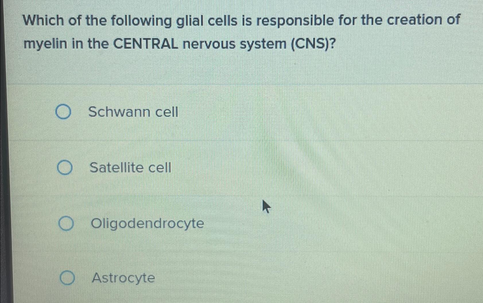 Solved Which of the following glial cells is responsible for | Chegg.com