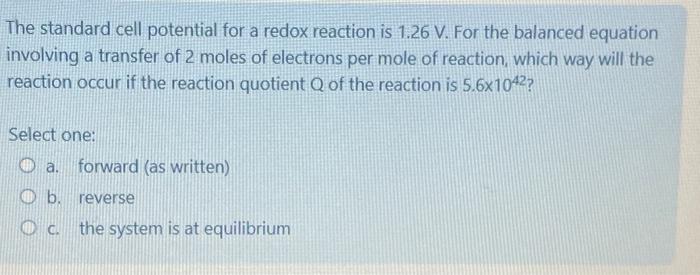 Solved The standard cell potential for a redox reaction is | Chegg.com