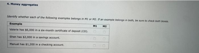 4. Money aggregates
Identify whether each of the following examples belongs in M1 or M2. If an examole belongs in both, be su