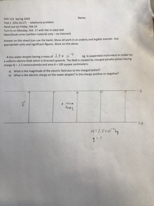 Solved PHY 122 Spring 2020 Name: Test 1 (Chs 16,17) | Chegg.com
