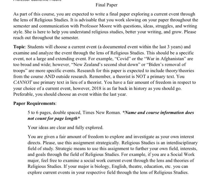 Final Paper As part of this course, you are expected | Chegg.com