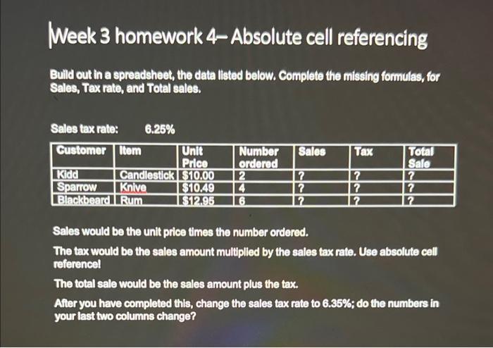 Solved Week 3 Homework 4-Absolute Cell Referencing Build Out | Chegg.com