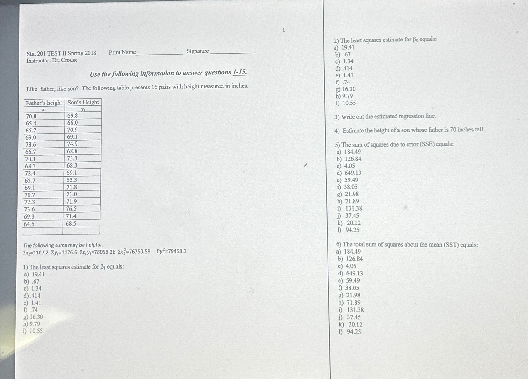 Solved 1Stat 201 ﻿TEST II Spring 2018Print | Chegg.com