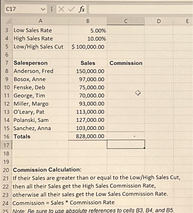 Solved what is the formula to find the commission amount?C17 | Chegg.com