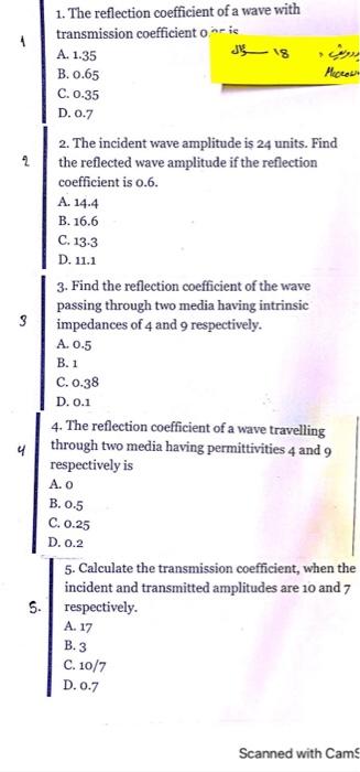 Solved 1. The reflection coefficient of a wave with | Chegg.com